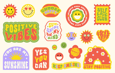 Aufkleber - Trendy colorful set stickers with smiling face and text. Collection of cartoon shapes, positive slogans in style 70, 80s. Vector illustration