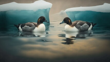 Wall Mural - Two auks take a dip in the sea during the winter Generative AI