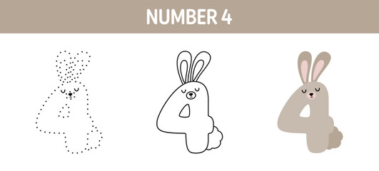 Canvas Print - Number 4 tracing and coloring worksheet for kids