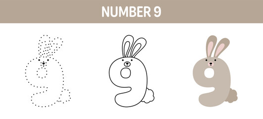 Canvas Print - Number 9 tracing and coloring worksheet for kids