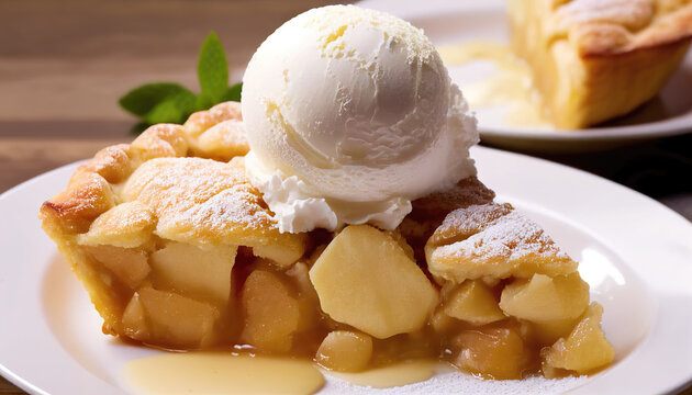 Wall Mural - Piece of an apple pie with ice cream vanilla scoop and caramel sauce on a plate. AI Generated.
