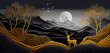 3d modern art mural wallpaper, night landscape with dark mountains, gray background with stars deer, black trees and golden waves, Generative AI