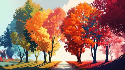 Wall Mural - Trees with colorful leaves in the autumn season, sunny weather in the beginning or middle of autumn Generative AI