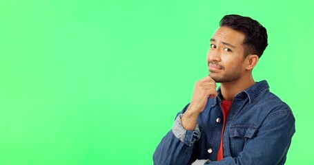 Aufkleber - Thinking, face and man with idea in green screen studio unsure, deciding and problem solving on mockup background. Doubt, portrait and puzzled asian guy with decision, solution or agreement emoji