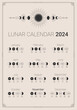2024 year lunar calendar, moon phases year cycle planner. Astrological scheduler, lunar cycles banner, poster, card, background design template vector illustration