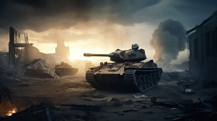 Wall Mural - tank at war on battlefield in ruined city in ruins. Generative AI illustration
