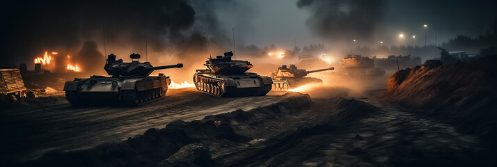 battle of tanks on battlefield in the modern war. Generative AI illustration