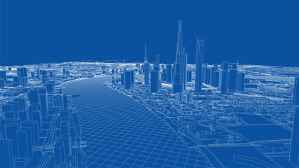 Poster - Outline city concept vector. Wire-frame style