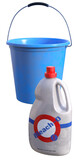 Fototapeta Lawenda - Blue plastic bucket and plastic bottle of cleaning bleach