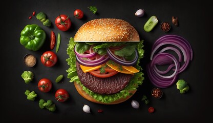 Sticker - Top view of delicious hamburger, with vegetables, . Generative AI