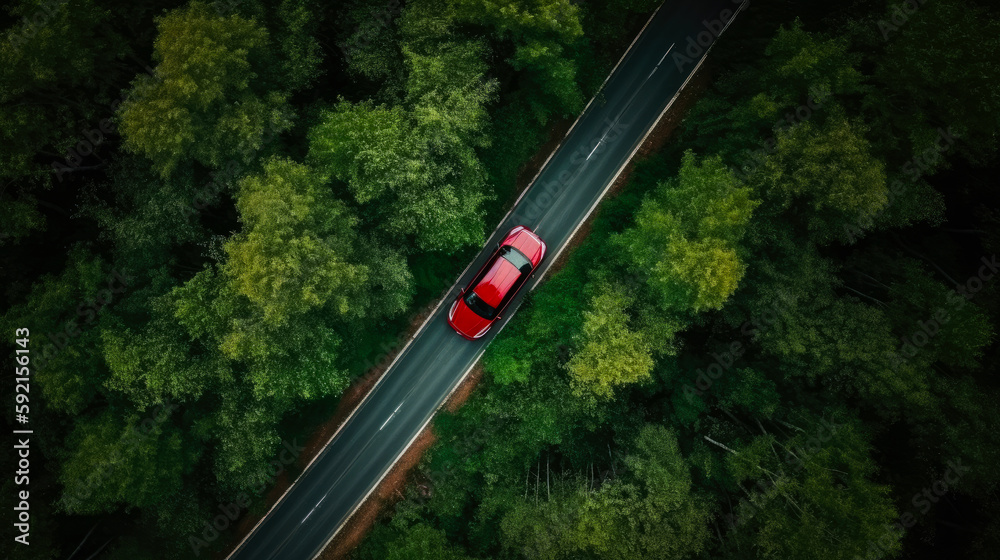 Red car in the forest highway aerial view. Road in the forest top view ...