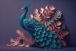 Peacock on branch wallpaper. colorful flowers 3d mural background. wall canvas poster art, Generative AI