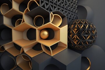 Abstract golden and black shapes. Colorful luxury 3d background, Generative AI