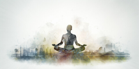 Canvas Print - Multiple exposure concept of yoga relaxation and active lifestyle. Generative AI