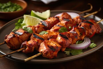 Indian chicken tikka on skewers, Indian dish, Generative AI	