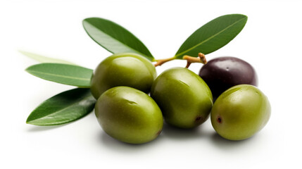 Delicious green olives with leaves, isolated on white background