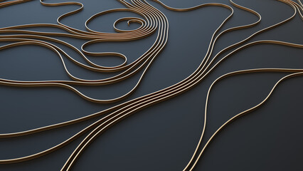Wall Mural - 3d abstract black background and curvy golden lines. 