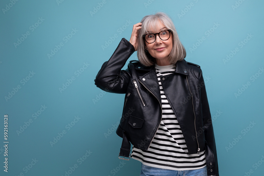 Middle Aged Mod Rocker informal fresh healthy gray-haired middle-aged woman grandmother in a ...