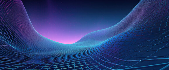 Virtual world, 3d rendering, abstract virtual reality violet background, cyber space landscape with unreal mountains. Neon wireframe terrain, AI generated