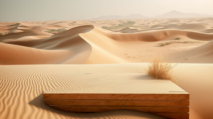 Wall Mural - Desert landscape with pedestal showcase ,sand and sky.Use for product presentation and banner.Generative AI