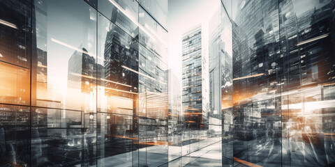 Wall Mural - Multiple exposure of office buildings, exteriors and architecture reflecting the fast-paced business atmosphere in an ever-evolving and changing business world. Generative AI