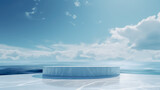 Fototapeta  - Ocean landscape with pedestal showcase ,sea and sky.Use for product presentation and banner.Generative AI