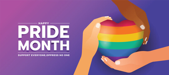 Happy pride month - Three hands hold care rainbow colorful heart sign on blue and purple background vector design