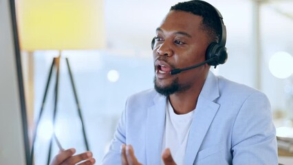 Canvas Print - Black man, call center and talking in office for telemarketing, customer service or support. Contact us, sales agent and business person or African consultant in discussion, speak or crm on computer.