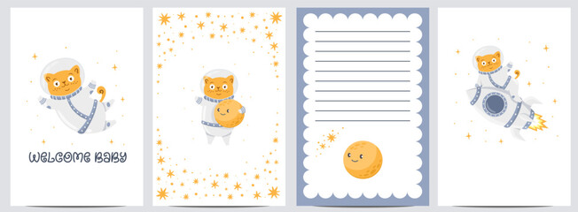 Wall Mural - Baby shower template set. Cute cat astronaut, flying on a rocket, waving and holding the moon in his hands. Birthday invitation template 