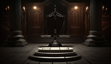 Scales Of Justice In The Dark Court Hall. Law Concept. Generative AI