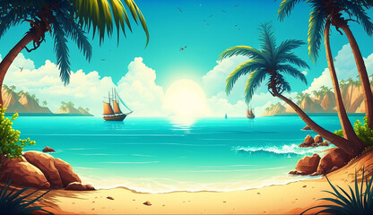  Tropical Paradise Summer Travel Background with Palm Trees. Generative AI