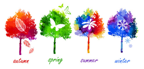 Wall Mural - Season icons. A set of trees colored by the seasons of the year. Each of element illustrates one of four year seasons: spring, summer, autumn, winter. Vector illustration