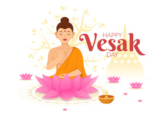 Wall Mural - Vesak Day Celebration Vector Illustration with Temple Silhouette, Lotus Flower, Lantern or Buddha Person in Flat Cartoon Hand Drawn Templates