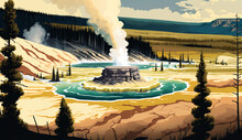 Yellowstone Geysers - An Illustration. Generative AI