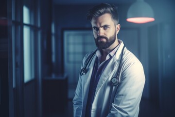 Wall Mural - Portrait of a serious male doctor standing in the corridor of a hospital, Generative AI