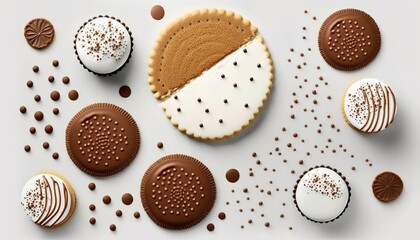 Wall Mural - Top view creamy delicious cakes with chocolate cips on a light white surface cake biscuit cookie tea sweet cream Generative AI