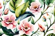 Akwarelowa, malowana tapeta w kwiatowy deseń, liście, białe i różowe kwiaty, florystyczny wzór, tapeta, tło, obraz