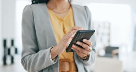 Poster - Office, phone and hands of business woman online for social media, networking and website research. Communication, corporate and female worker typing on smartphone for email, chat and text message