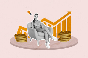 Poster - Creative collage picture of black white gamma girl sit chair think light bulb pile stack money coins arrow upwards statistics
