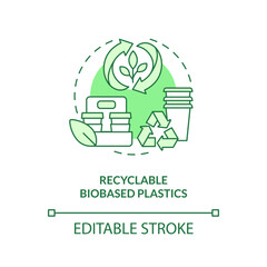 Sticker - Recyclable biobased plastics green concept icon. Waste management. Biodegradable packaging idea thin line illustration. Isolated outline drawing. Editable stroke. Arial, Myriad Pro-Bold fonts used