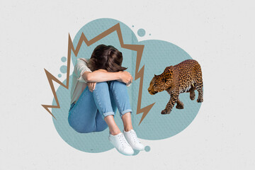 Poster - Poster banner collage of depressed lady crying feeling lonely no boyfriend only wild cat leopard