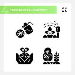 Sticker - Gardening black glyph icons set on white space. Growing healthy plants. Regenerative agriculture. Farming techniques. Silhouette symbols. Solid pictogram pack. Vector isolated illustration