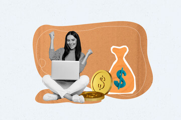 Aufkleber - Creative collage image of black white colors delighted excited girl use netbook raise fists money coins sack bag isolated on painted background