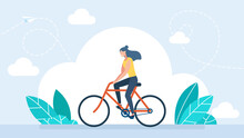 A Young Woman Rides A Red Bicycle. Bicycle Riding Girl. Adult Woman Riding Bicycles. Stylish Female Hipsters On Bicycle. Side View. Cool Businesswoman Riding A Bicycle To The Office. Flat Illustration