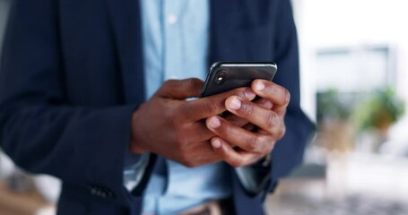 Poster - Hands, phone and typing in communication, social media or business strategy idea at office. Hand of businessman texting or chatting on mobile smartphone app or technology for networking at workplace