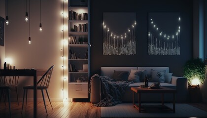 Modern minimalistic interior style living room at night with sofa, pillows and string of lights. Generative AI