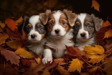 Wall Mural - three cute puppies playing in pile of autumn leaves, created with generative ai
