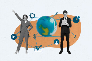 Poster - Banner poster template collage of two business people working together using worldwide network connection innovative technology