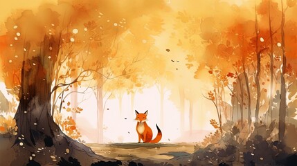 watercolor illustration children book style of a fox sitting on nature trail in autumn season, gener
