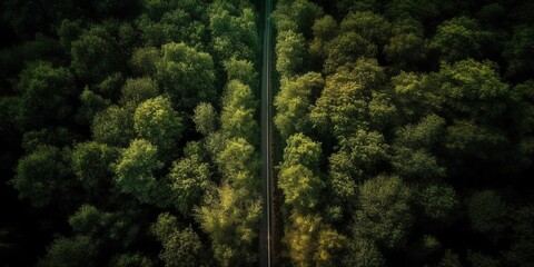 Poster - Bird's-eye view of the road in the middle of the forest.Aerial view. Panoramic shot. Generative AI